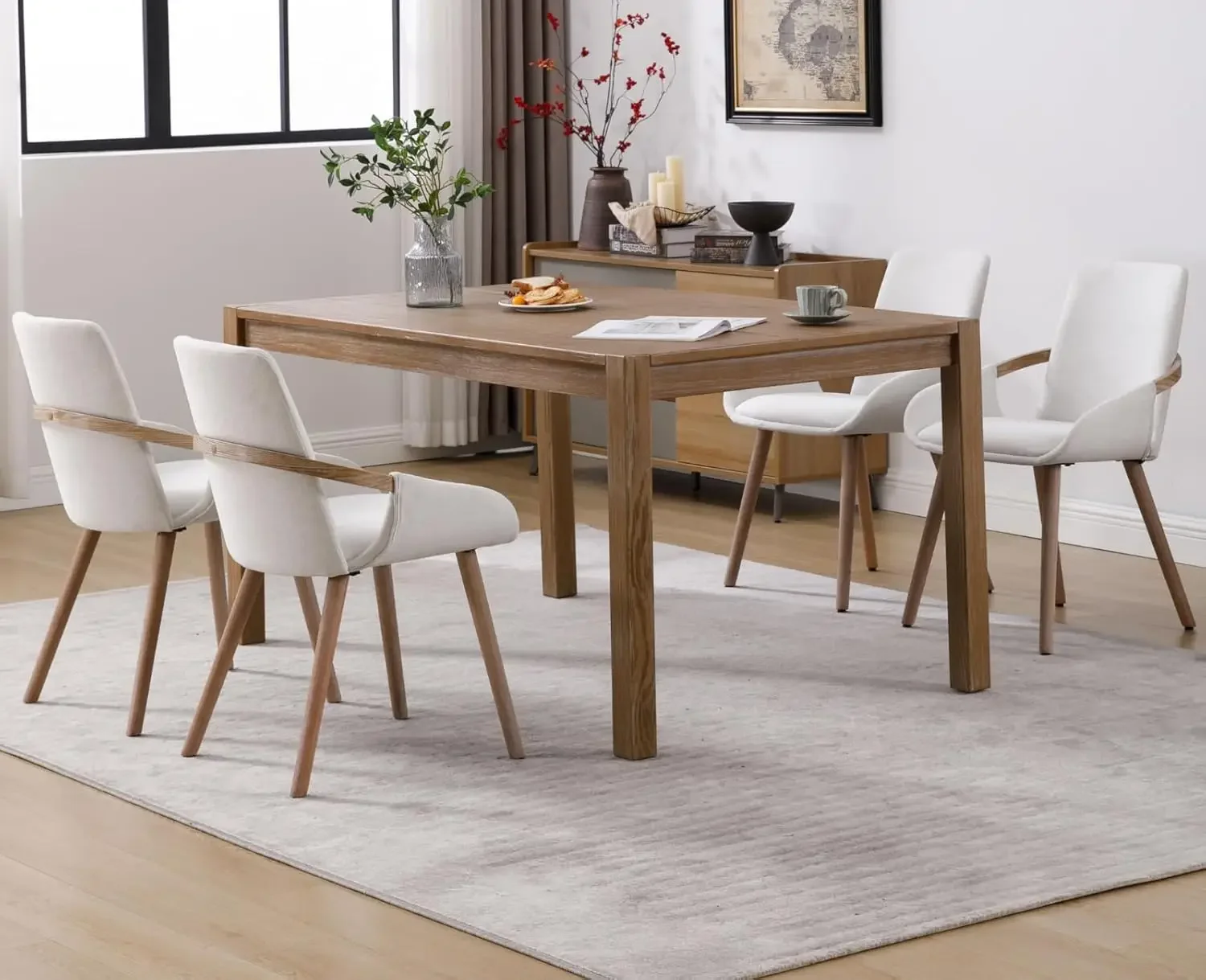 

Dining Chairs Set of 4 Upholstered Dining Room Chairs Linen Fabric Comfortable Kitchen Chairs Natural Wood Legs, Beige