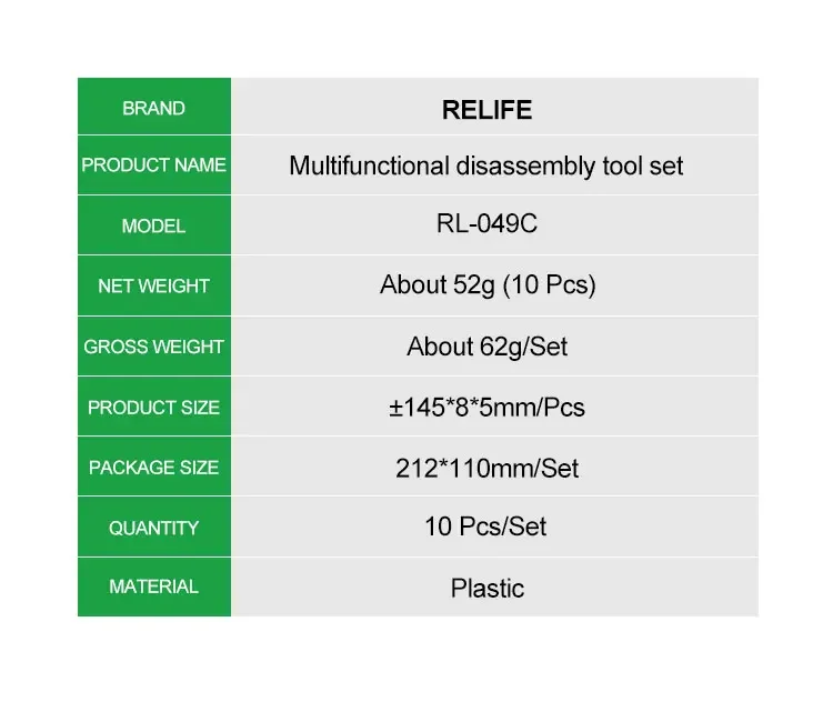 RELIFE für Mobiltelefone 10-in-1-Multifunktions-Demontagewerkzeug-Set zum Demontieren von bilateralen Brecheisen-Kit mit hoher Härte
