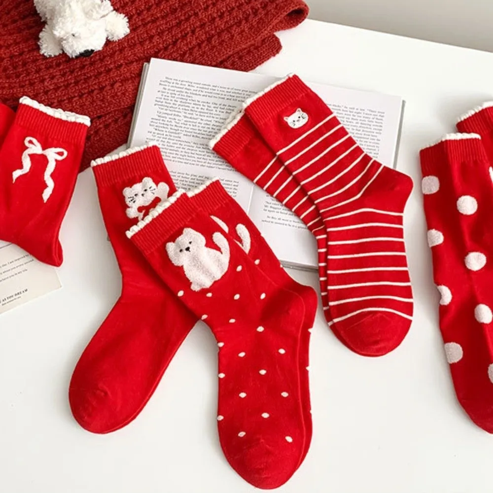 

5 Pairs Kitten Combed Cotton Red Socks Soft Breathable Polka Dot Socks Comfortable Fashion Stripe Socks Spring Festival