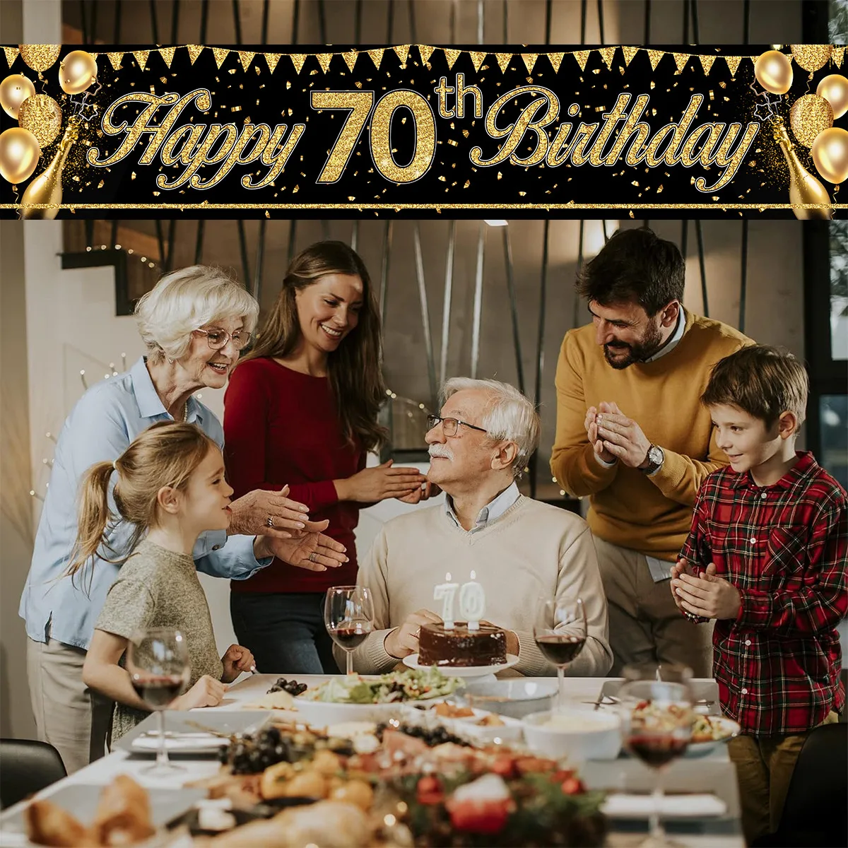 Pancarta de Feliz cumpleaños de oro negro, decoración de fondo de cumpleaños del 18, 21, 60, 70, banderines de fiesta de cumpleaños banderas colgantes