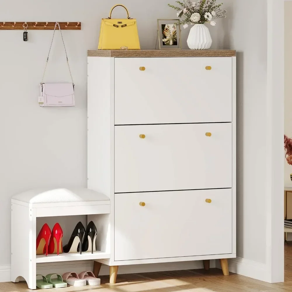 

Shoe cabinet with 3 flip-out drawers, modern shoe cabinet with shoe stool entryway, freestanding hidden storage box, white