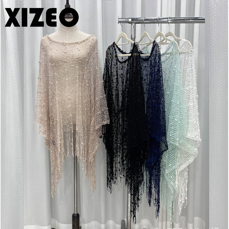 

XIZEO 2023 Sexy Fringe Tassel Mesh Sheer Shiny Knitted Tunic Beach Cover Up Cover-ups Beach Dress Beach Wear Beachwear Female