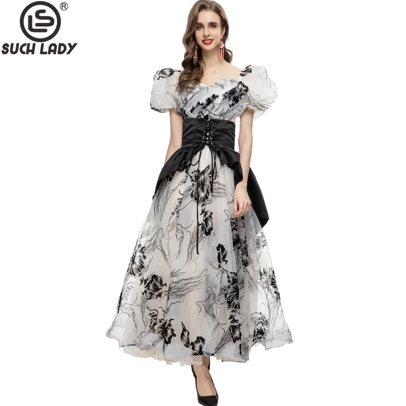 

Women's Runway Dresses Sweetheart Puff Short Sleeves Printed Pelpum Fashion Designer Party Prom Gown