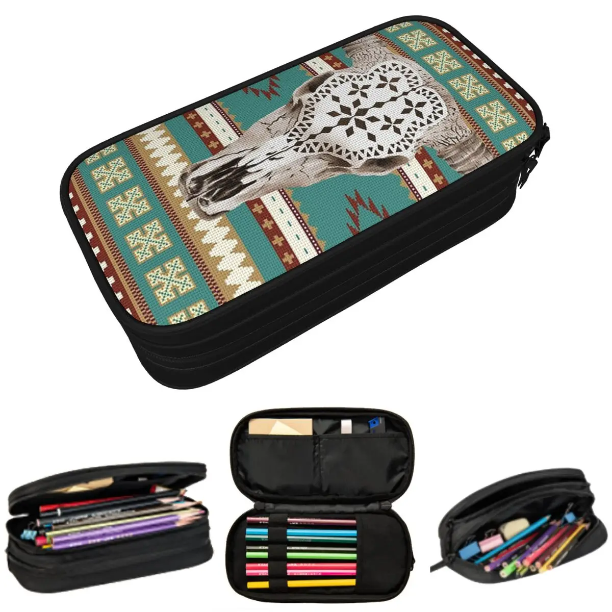

Bull Skull Tribal Aztec Bone Ethnic Pattern Pencil Case for Studen School Pen Box Pencil Bag Stationery Supplies Pen Holder Bag