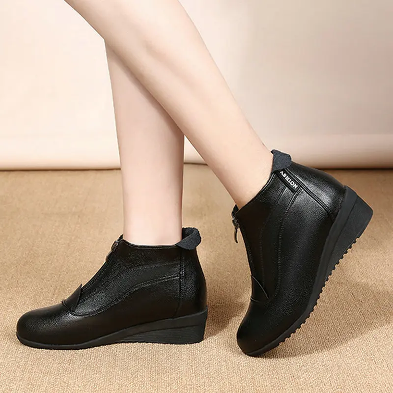 Autumn Winter Shoes Women Boots Genuine Leather Wedge Heels Non-slip Women's Ankle Boots Mother Thick Warm Famale Snow Boots