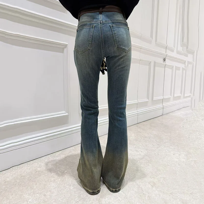 Damskie jeansy patchworkowe, spodnie dzwony barwione metodą fade-dye, wysokiej jakości pogrubione spodnie slim-fit, 2025, zima, nowość, Y2K