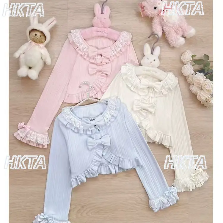 เสื้อคาร์ดิแกนไหมพรมสั้นแต่งระบายสไตล์โลลิต้า แขนยาวจีบหรูหรา สำหรับผู้หญิง ฤดูใบไม้ร่วง 2025 รุ่นใหม่