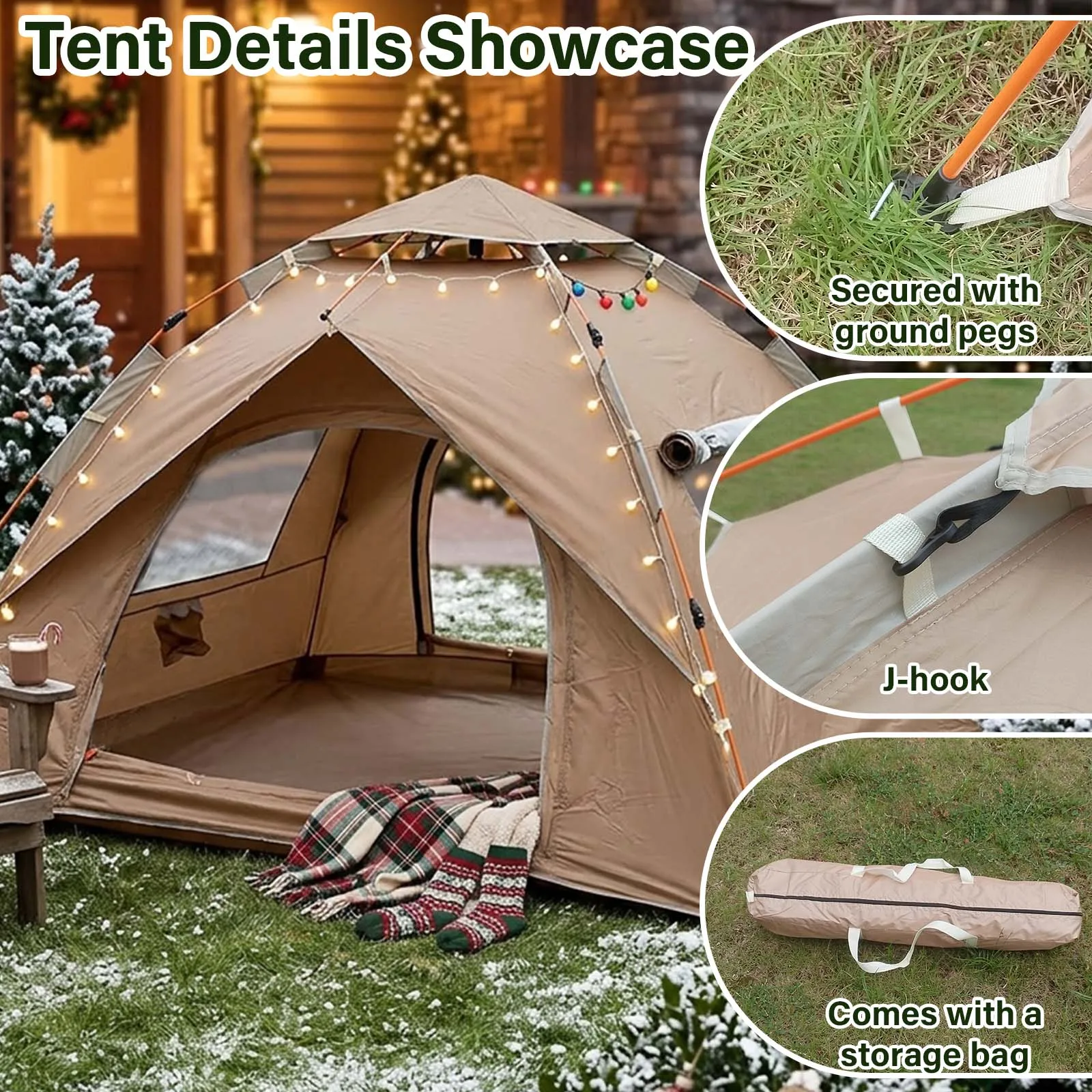Quick Setup Pop Up Camping Tent, Two Doors Two Windows Mesh Tent with Storage Pocket