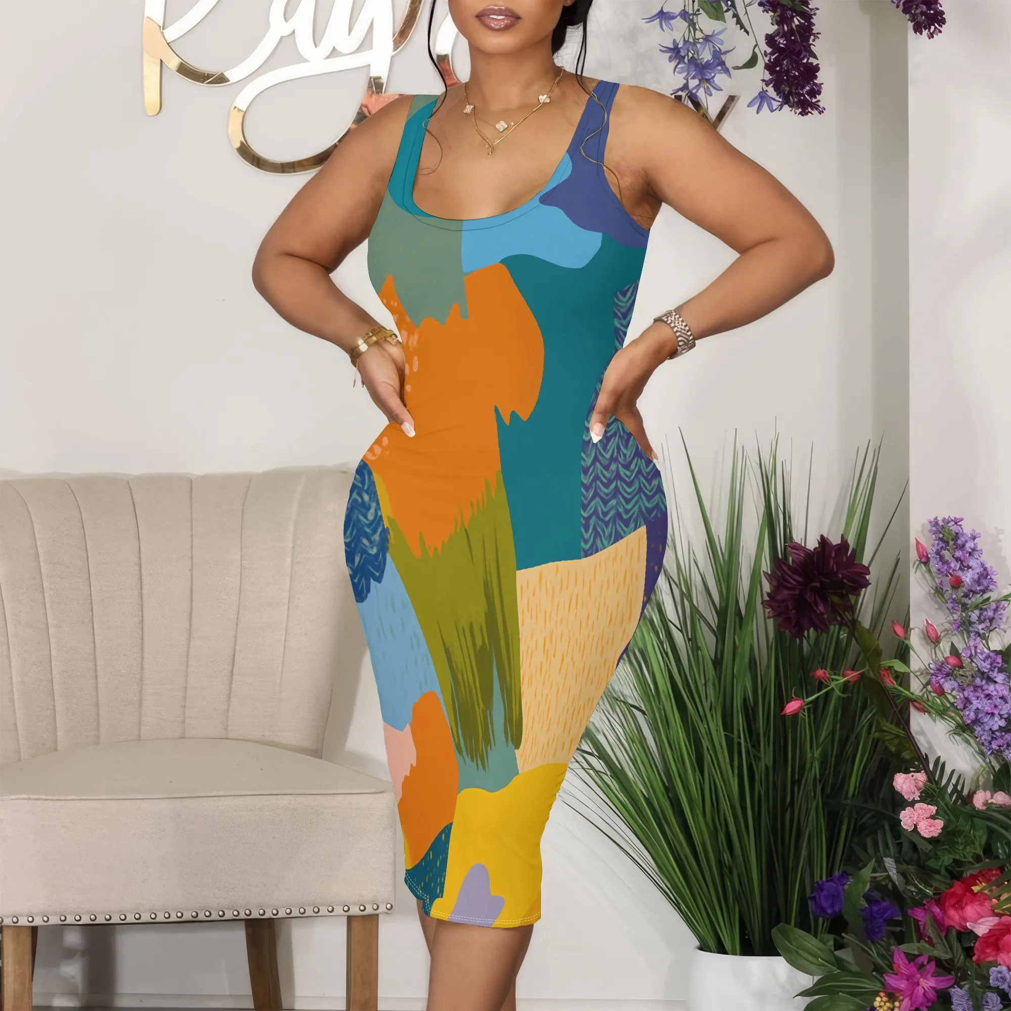 

Colorblock Abstract Print Bodycon Dress S‑3XL Sleeveless Scoop Neck Midi Style for Summer Streetwear, Art Show or Weekend Look