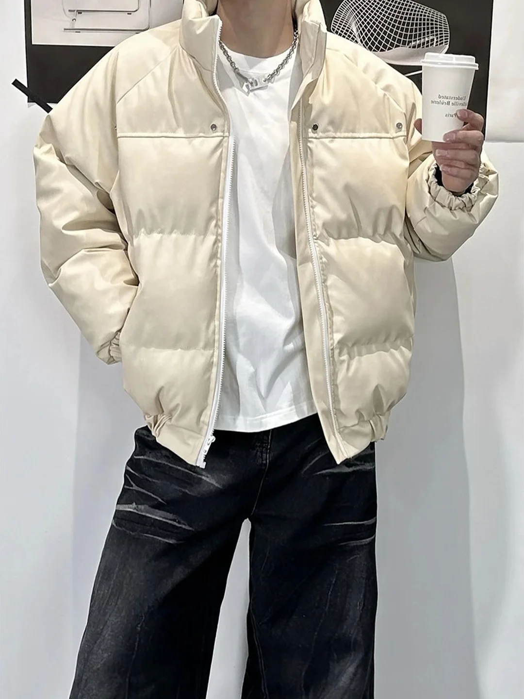 

Retro American PU Leather Cotton Jacket Men's Winter Thick Warm Coat Youth Fashion Standard Fit Zipper Closure Short Style