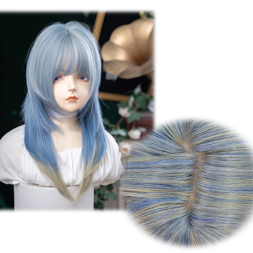 合成ミディアムレングスストレートハイレイヤードウィッグ、前髪付きブルーハイライトブロンドヘアウィッグ、女性用デイリーコスプレウィッグ