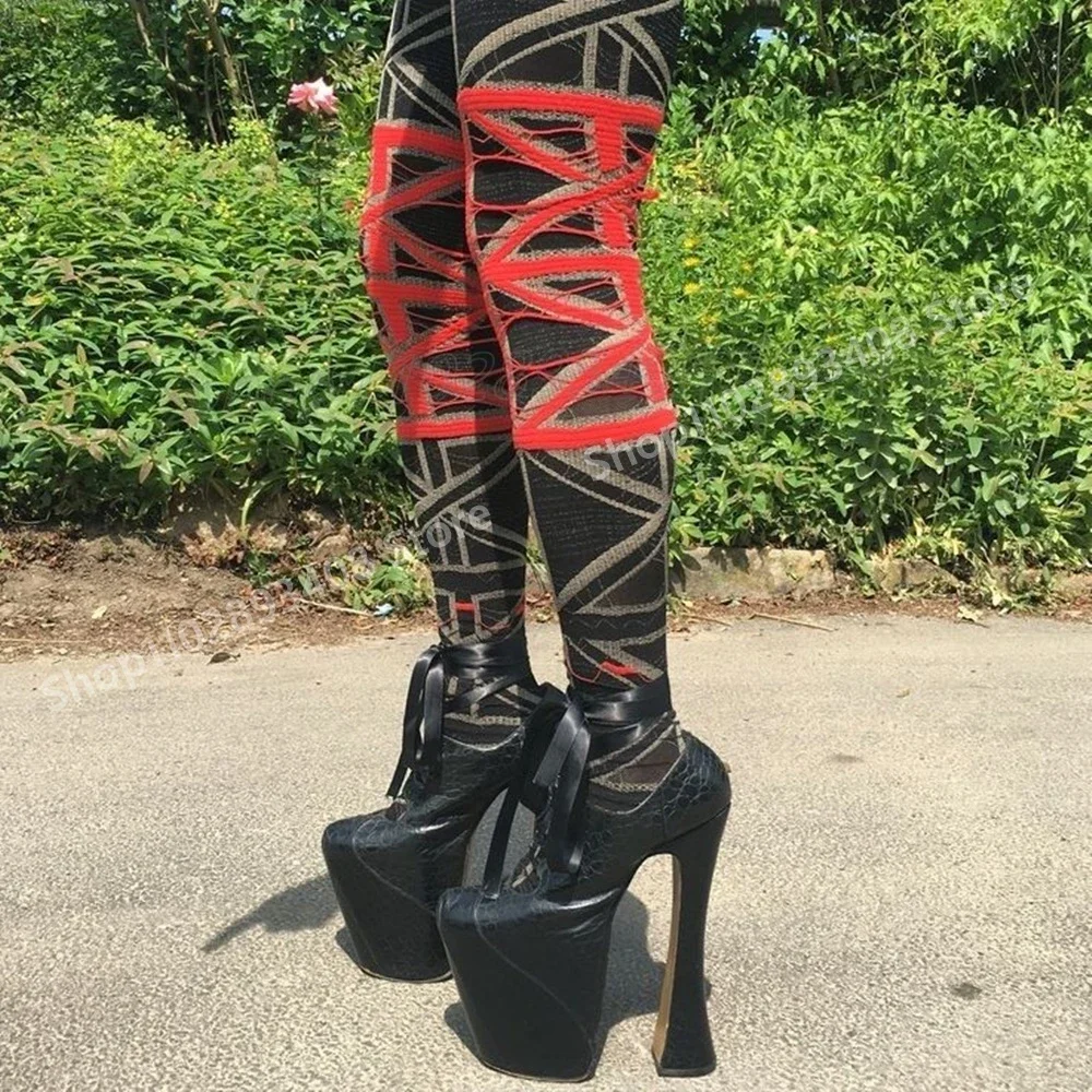 

Strange Style High Heel Black Crocodile Pattern Strappy Pumps Platform Leather Fashion Sexy Women Shoes 2025 Spring Para Mujere