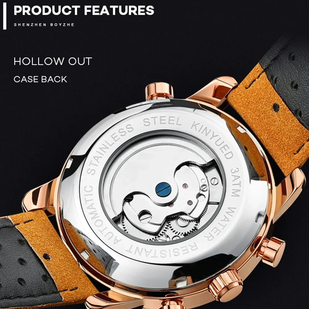 KINYUED Luxury Man Watch Skeleton Tourbillon Mechanical Watch Men Automatic Classic Rose Gold Leather Wrist Watches Reloj Hombre