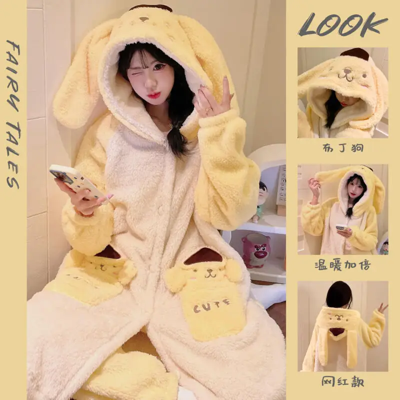 

Sanrios пижамы для женщин с помпоном Purins ночная рубашка костюм осень-зима для девочек бархатный утепленный милый длинный халат с героями мультфильмов домашняя одежда