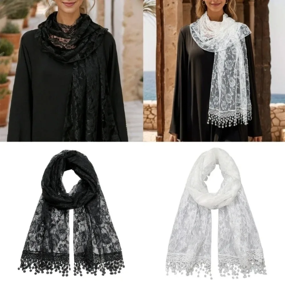

Versatile Retro Lace Tassels Scarf Rose Embroidery Long Headscarf Veils Solid Color Lace Headwrap for Women