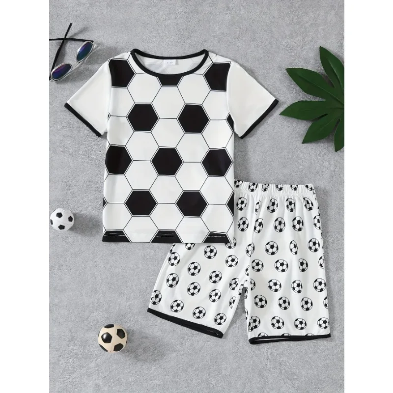 2pcs Boys Spring Summer Loungewear Set – Soccer Pattern Print Short Sleeve Crew Neck Top & Short Set, Cool Pattern Comfy PJ Set