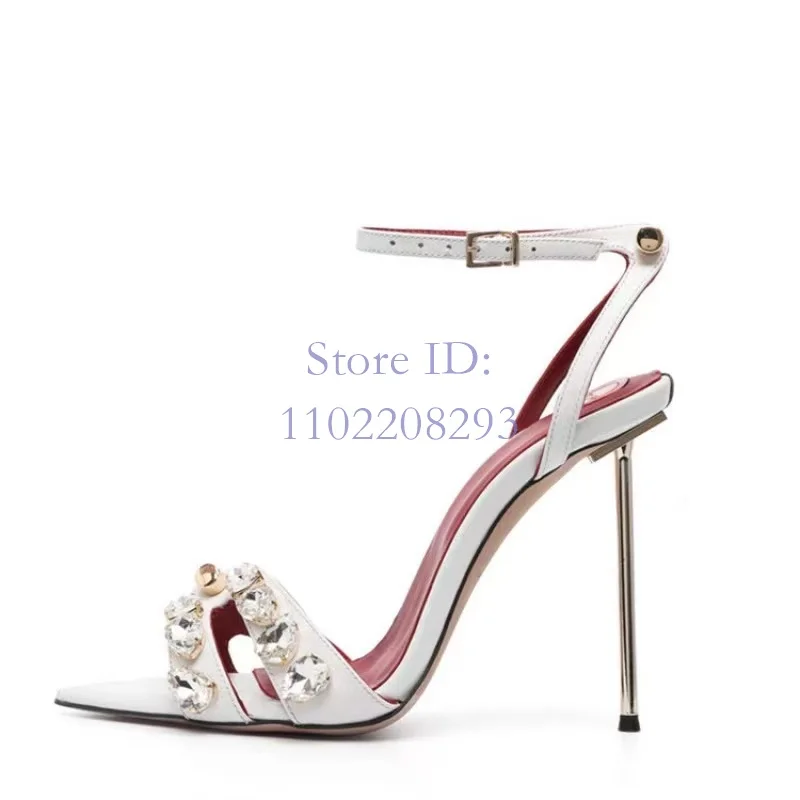 Retro Crystal White Thin High Heels Sandals Round Toe Solid Back Buckle Strap Stiletto Sandals Women Fashion Shows Shoes 2024