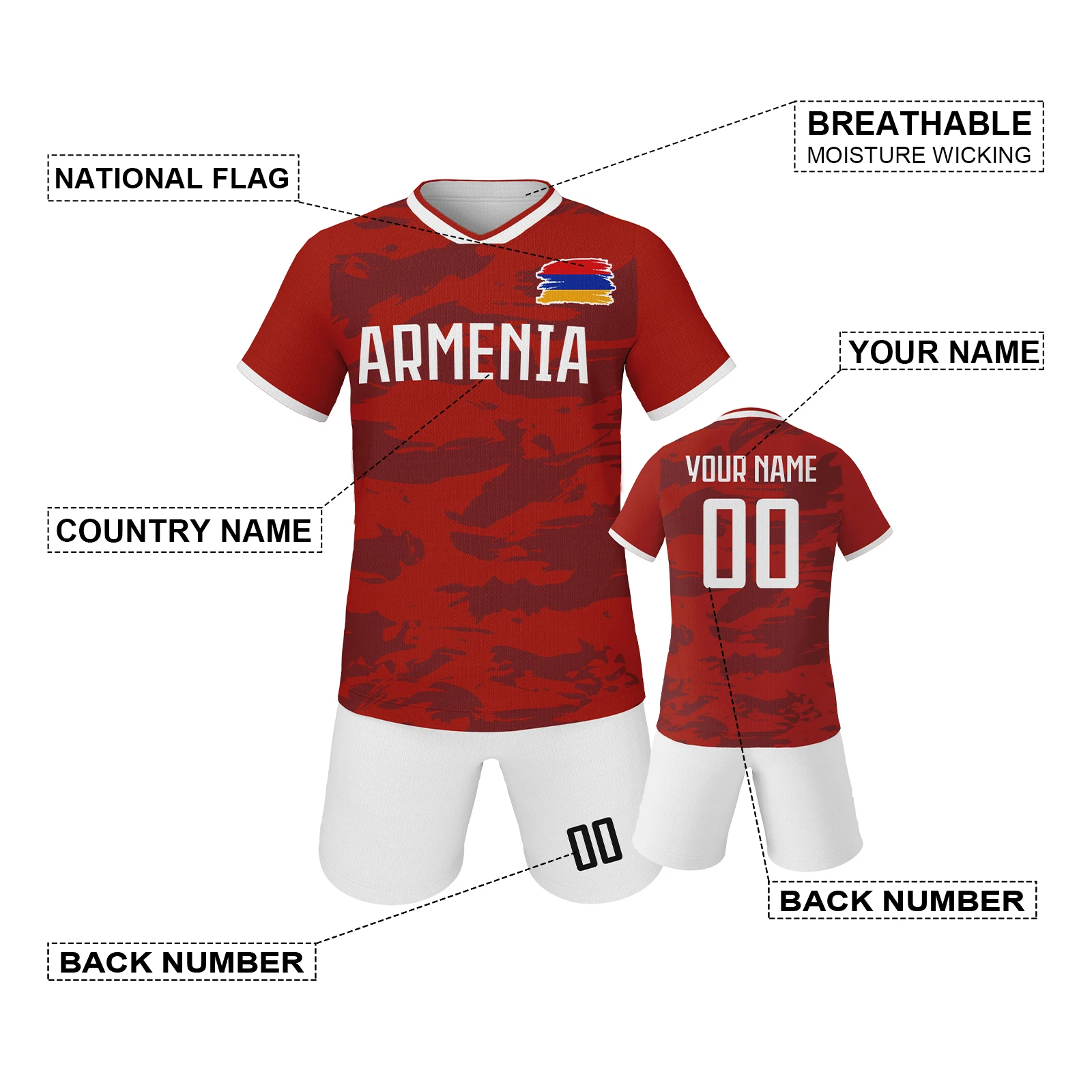 قميص كرة قدم أرمينيا مخصص للأطفال الأولاد والبنات، زي كرة قدم مخصص مع رقم الاسم المطبوع، طقم كرة القدم لنادي الفريق