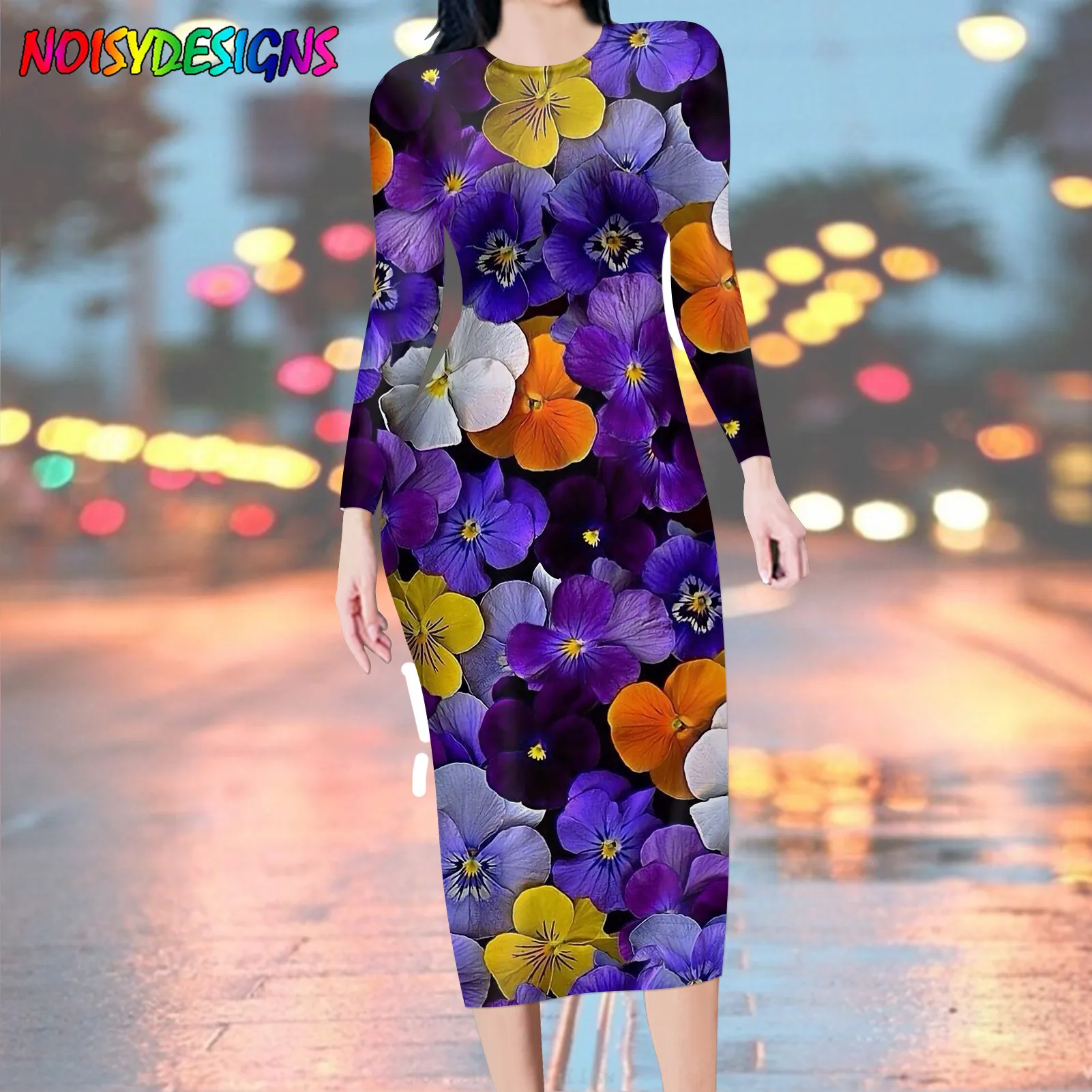 NOISYDESIGNS Fashion Pansy Flowers Printing Round Neck Long Sleeve Women Maxi Dress Office Lady Casual Clothes Vestido De Mujer