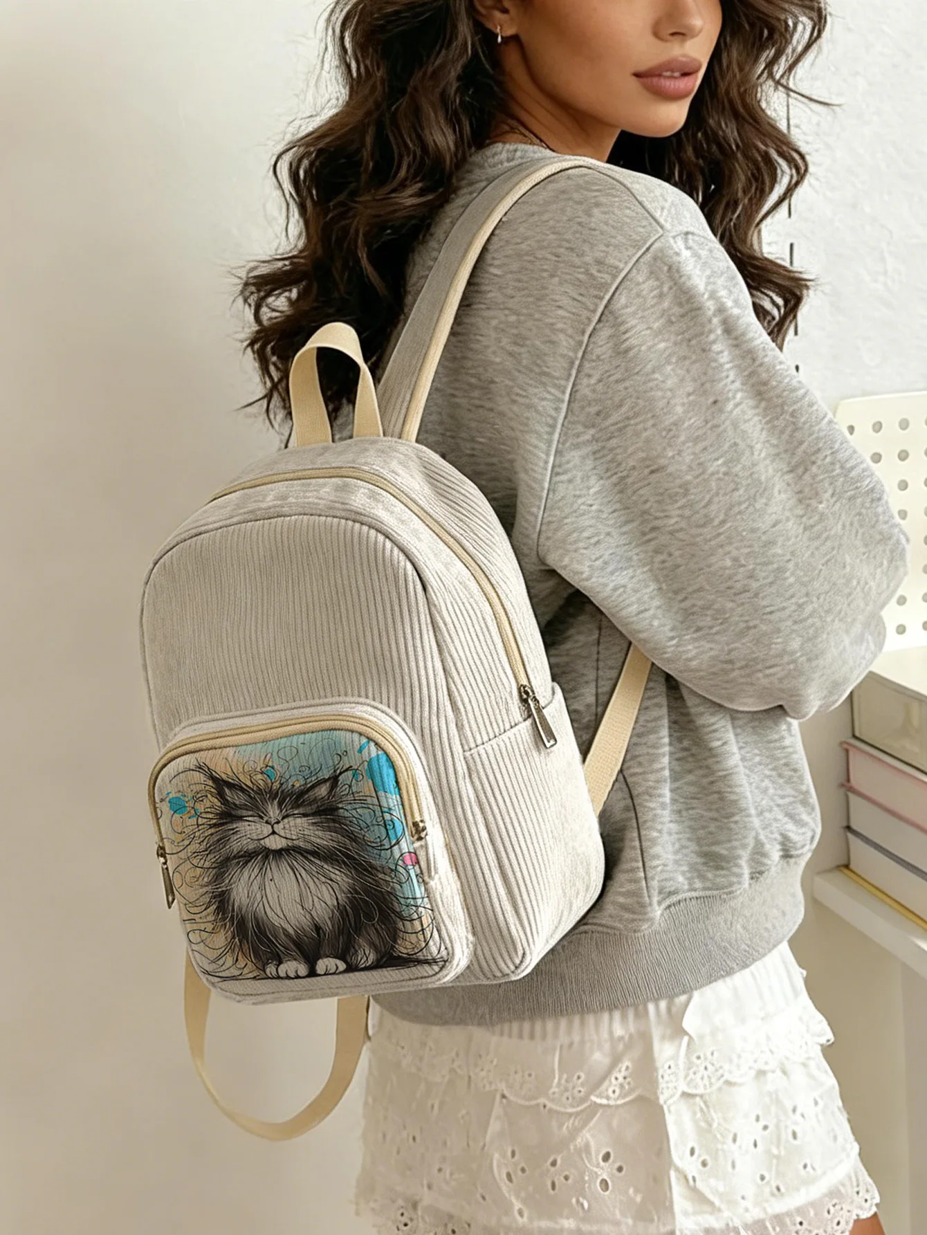 

Женский модный рюкзак с причудливым принтом в виде пушистого кота, вельветовый, с множеством карманов, большой вместимости, для поездок на работу