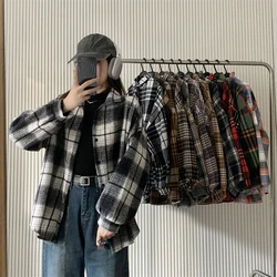 Flannel Plaid Jacket Women Autumn Winter Long Sleeve Single Breasted Coat Vintage Ladies Preppy Style Loose Check Shacket
