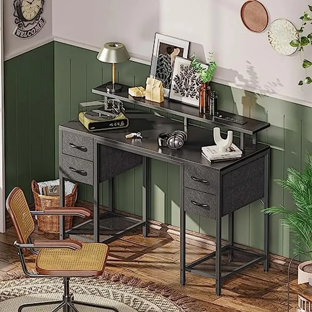 Computer Desk Gaming Desk LED Lights Power Outlets Storage Space 47"  4 Drawers Shelves USB Ports Monitor Stand Easy