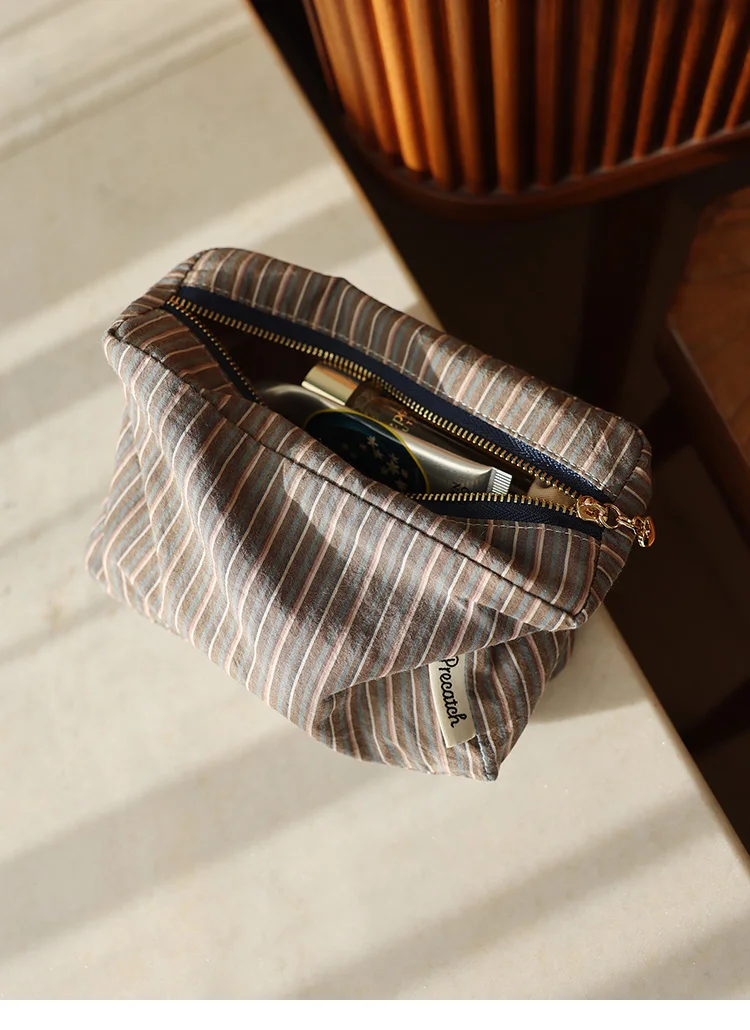 Kosmetiktasche aus kariertem Stoff mit Streifenmuster, quadratische, dreidimensionale Aufbewahrungstasche mit Reißverschluss, tragbare Reisetasche, Handtaschenfutter, Make-up-Tasche – Detail 11