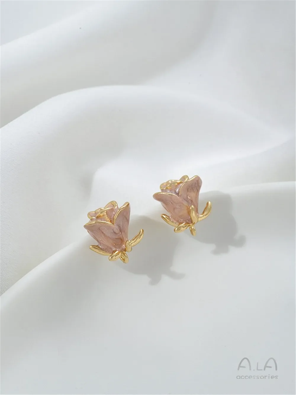 

14K Gold-Color Stud Earrings with Silver Pin, Dripping Oil, Pink Rose, Jewelry Material, DIY, Hand-made