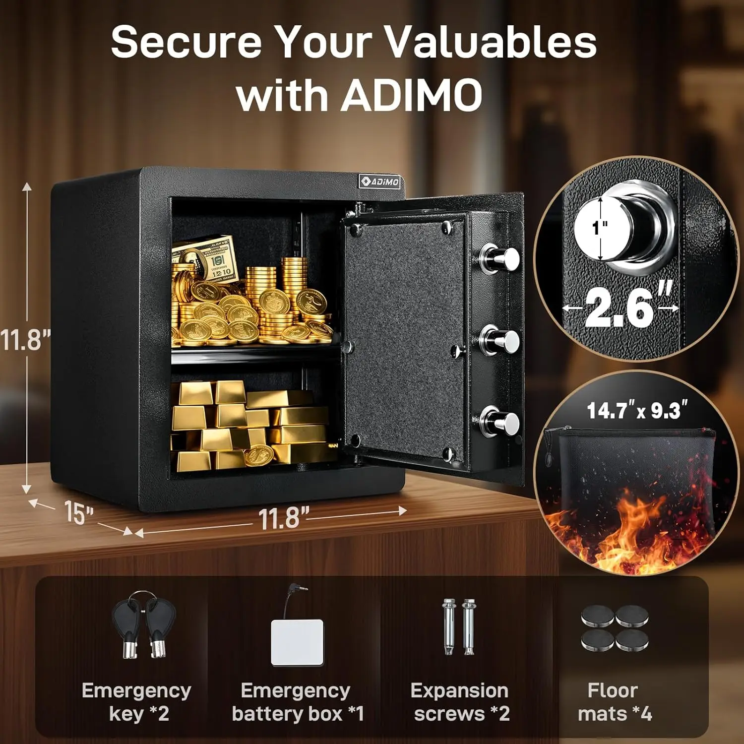 Biometric Safe Box, Fireproof 1.6 CuFt Fingerprint Safe w/Touchscreen, Removable Shelf & Alarm System, Money Box for Secure Docu