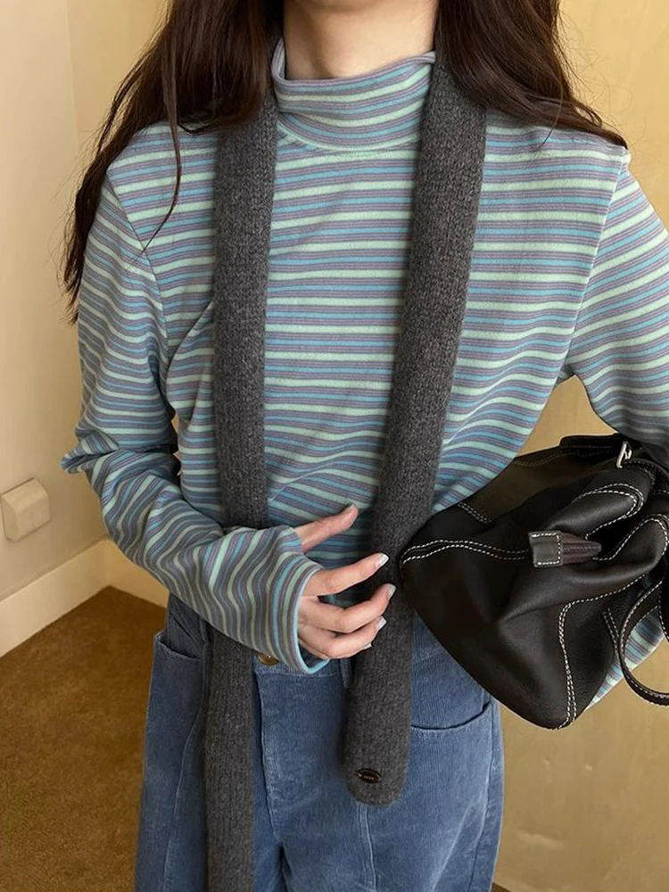 Gestreepte Half Coltrui Vrouwen T-shirt Winter Nieuwe Losse Lange Mouw Warme Basis Tops Y2K Koreaanse Chic Preppy Alle Match Tees Mujer