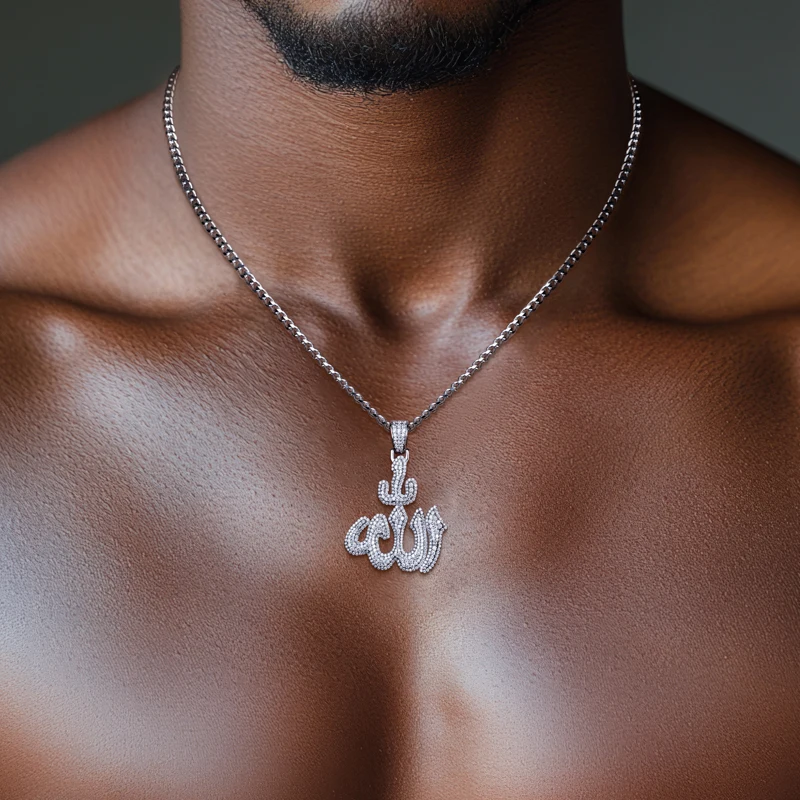 MossanRappr 2.9cttw Moissanite Islam Muslim Rune Patter Pendant Allah Necklace 925 Sterling Silver Hip Hop Jewelry Gifts for Men