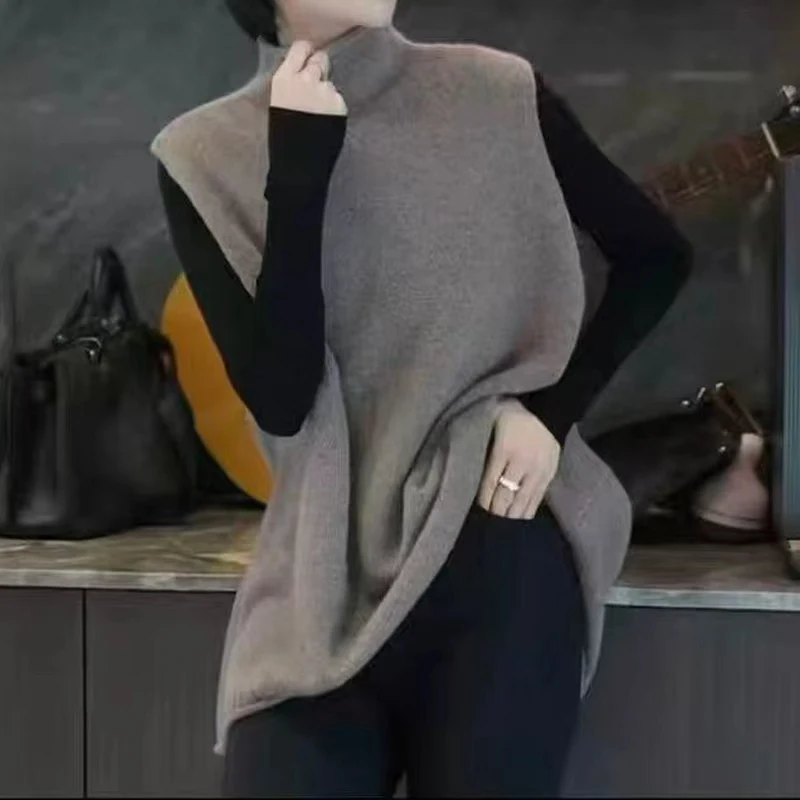 100 wool women's new high neck vest, autumn and winter knitted versatile comfortable jacket, women's pullover sleeveless sweater