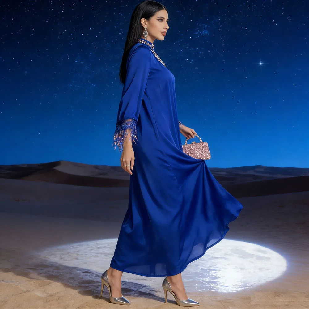 

Marocain Kaftan Women Muslim Tassel Diamonds Maxi Evening Party Dress Dubai Abaya Turkey Kaftan Eid Ramadan Jalabiya Party Gown