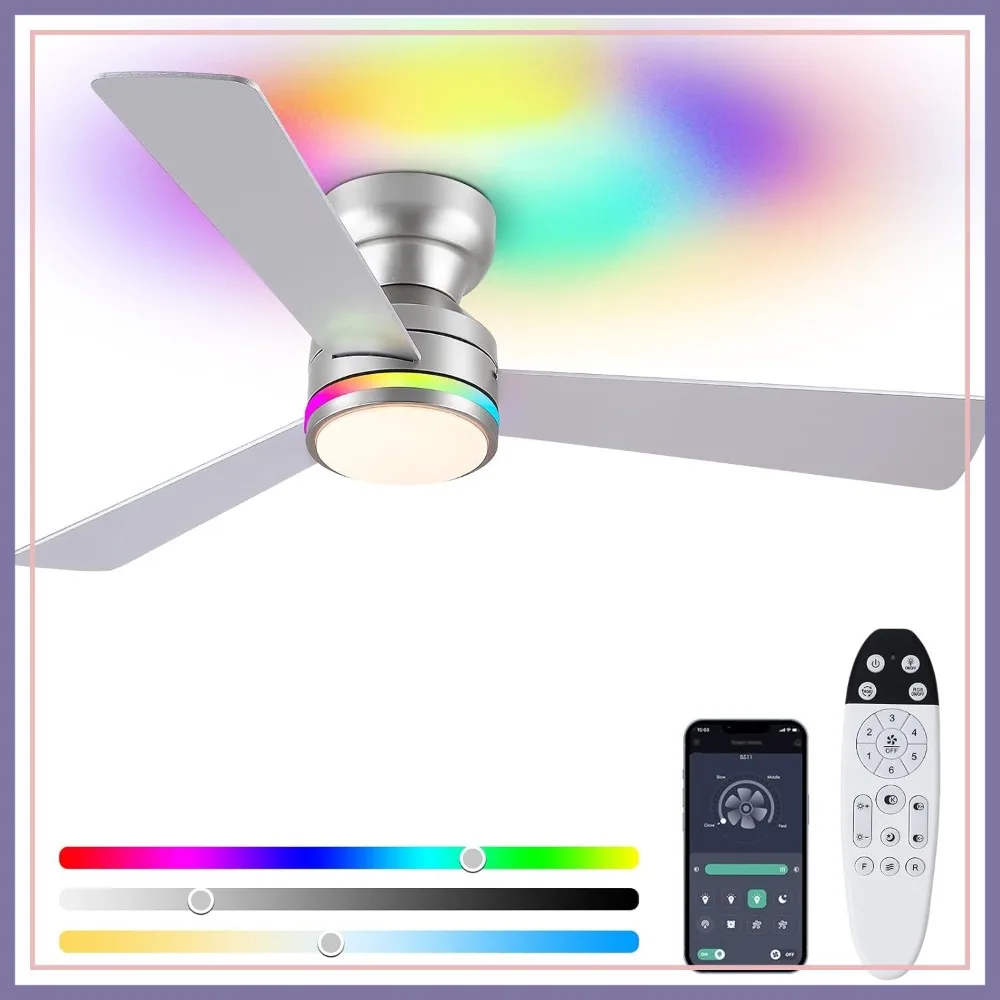 

46" Silver RGB Ceiling Fan with Lights and Remote, Low Profile Flush Mount, Quiet Reversible DC Motor for Bedroom Living Room
