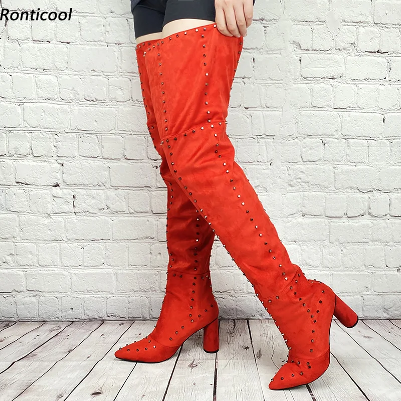 

Ronticool Женские зимние сапоги до бедра ручной работы с заклепками на молнии сзади на массивном каблуке с острым носком Оранжево-черные туфли цвета фуксии Размер США 5-16