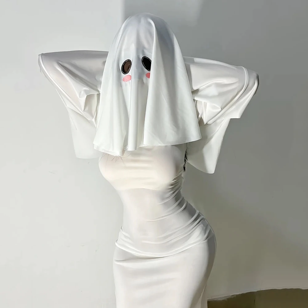 Halloween Female Ghost Cosplay Costume Scare Face Mask Cape Scream Outfit Adult Women Sexy Slim Fishtail Dress Clothes