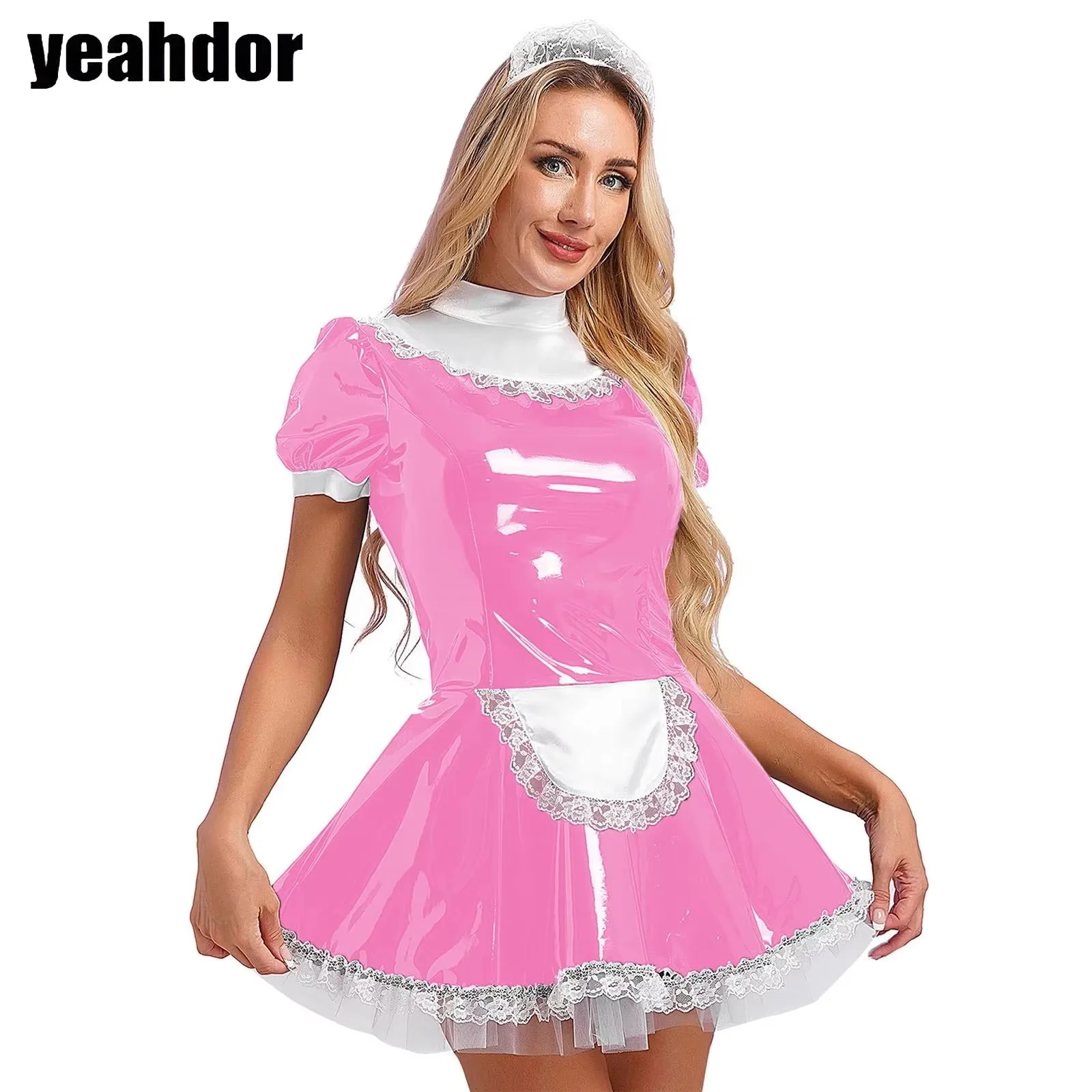 

Maid Lolita Cosplay Costumes for Women Glossy Patent Leather Maid Dress with Headband Lace Apron A-Line Dress Waitress Uniforms