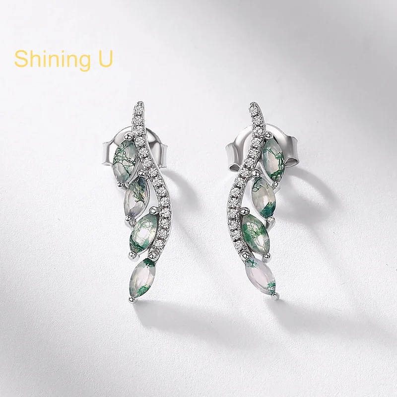 Shining U 925 Sterling Silver Leaf Green Stone Stud Earrings for Women Fine Jewelry Summer