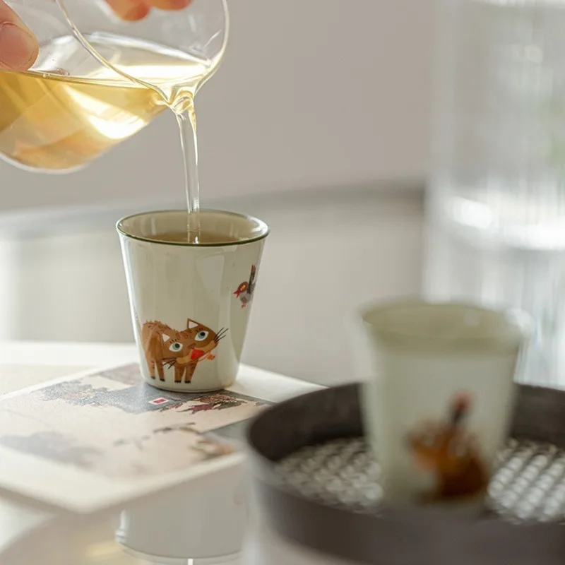 Ceramic mini coffee cup cute cartoon cat pattern porcelain coffee cup handmade small cup of tea.