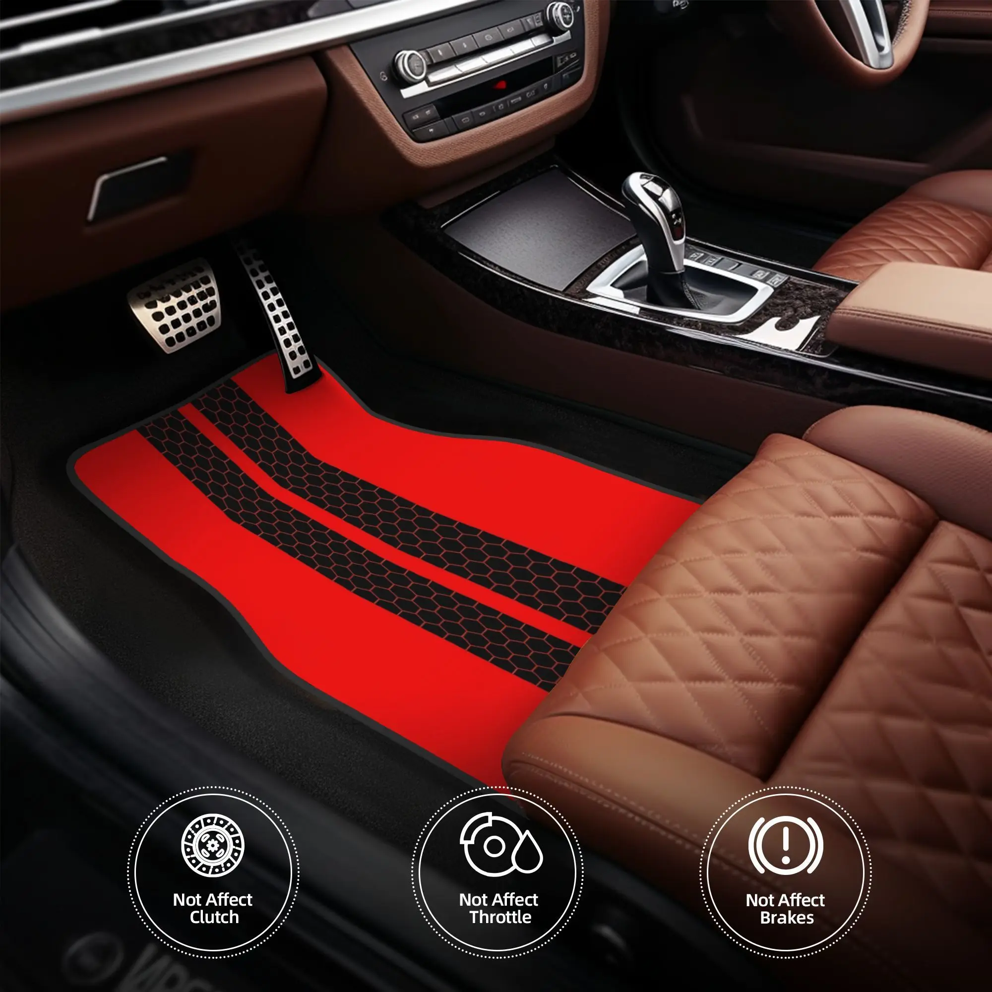 4pcs Dual Racing Stripes, Honeycomb Pattern (Black On Red) Car Floor Mats, Durable Polyester Fiber, Fit For Cars, Ideal Gift, Ve