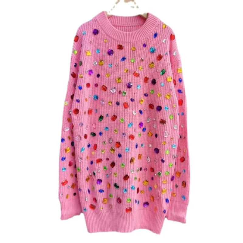 Harajuku Women Colorful Gem Beaded Heavy Industry Loose Knit Sweater Knitted Diamonds Pullovers Jumpers Rhinestone Knitwear Tops