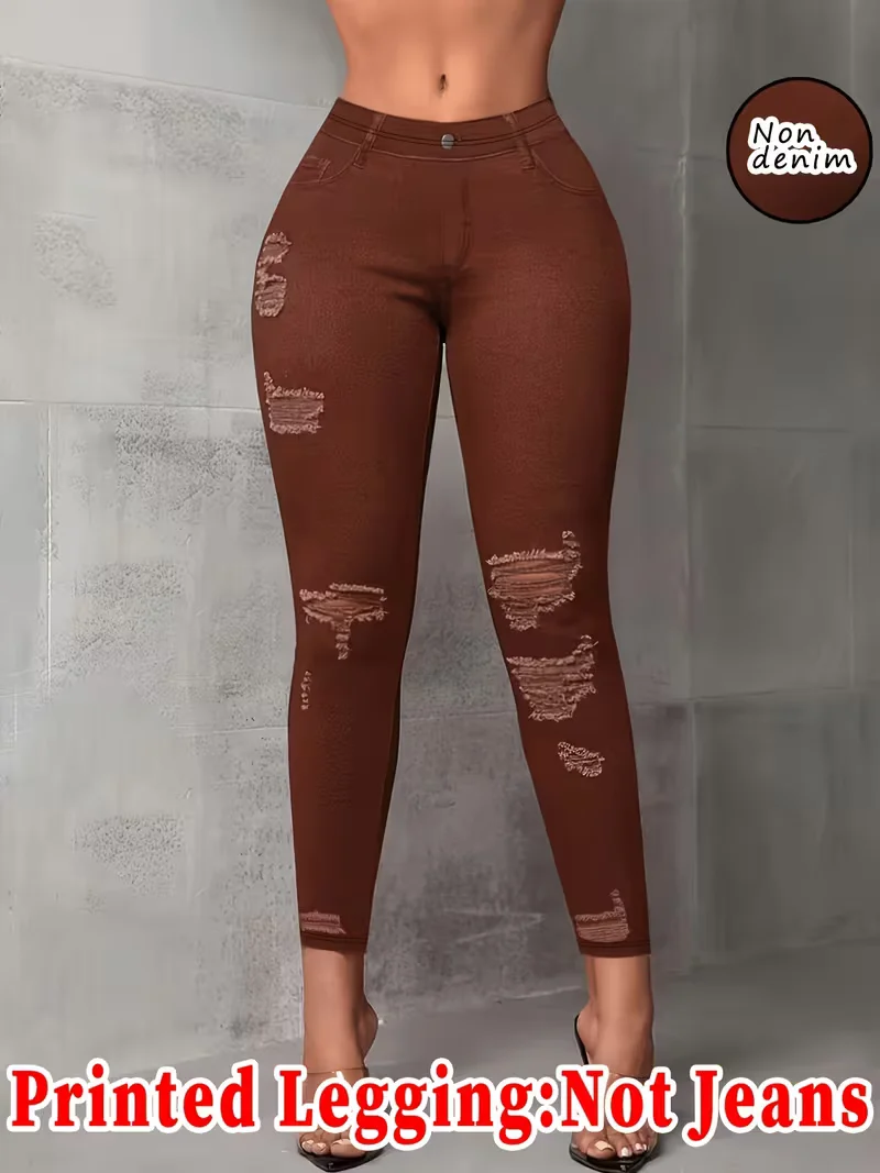 Women Printed Leggings Not Denim Fabric, Fake Pocket & Button Print Design Pants, High Elastic Fashion Slim Fit Skinny Casual