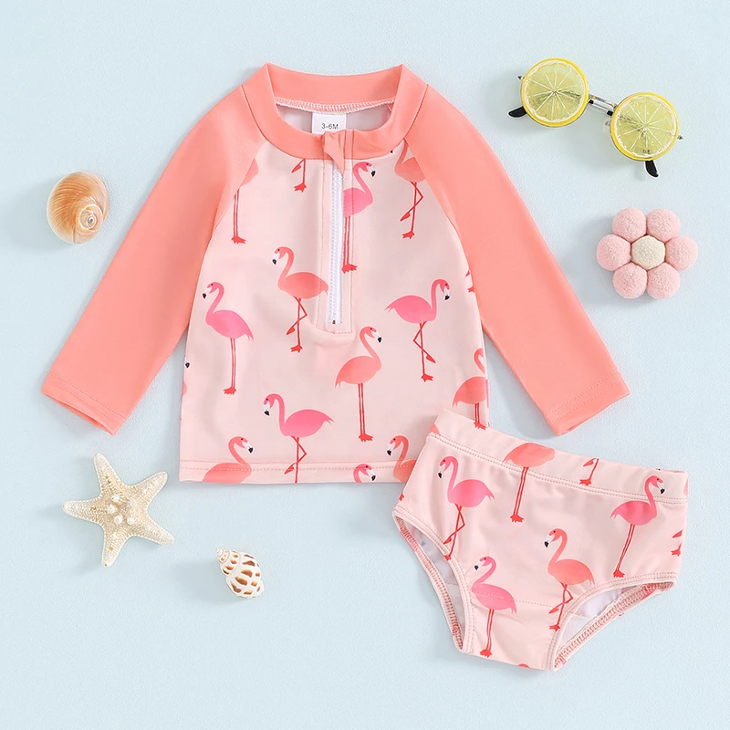 6M-4T Toddler Girls Two Piece Swimsuits Long Sleeve Seashell/Bird Print Rash Guard Bathing Suit Summer Swimwear