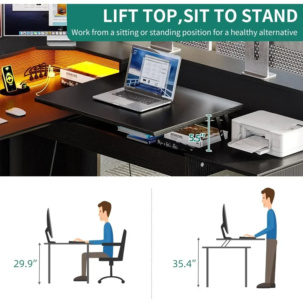 L Shaped Desk With Power Outlets & LED Lights Computer Table 60” Computer Desk With Drawers & Lift Top Freight Free Reading