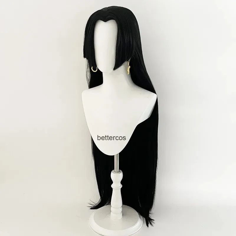 

Candy 2025Anime Boa Hancock Косплей с серьгами Длинные черные прямые термостойкие парики из синтетических волос + шапочка для парика