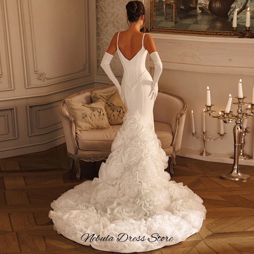 Exquisite Customized Handmade Flowers Wedding Dress Elegant Mermaid Spaghetti Straps Bridal Gowns Fashion Jersey Robe de mariée