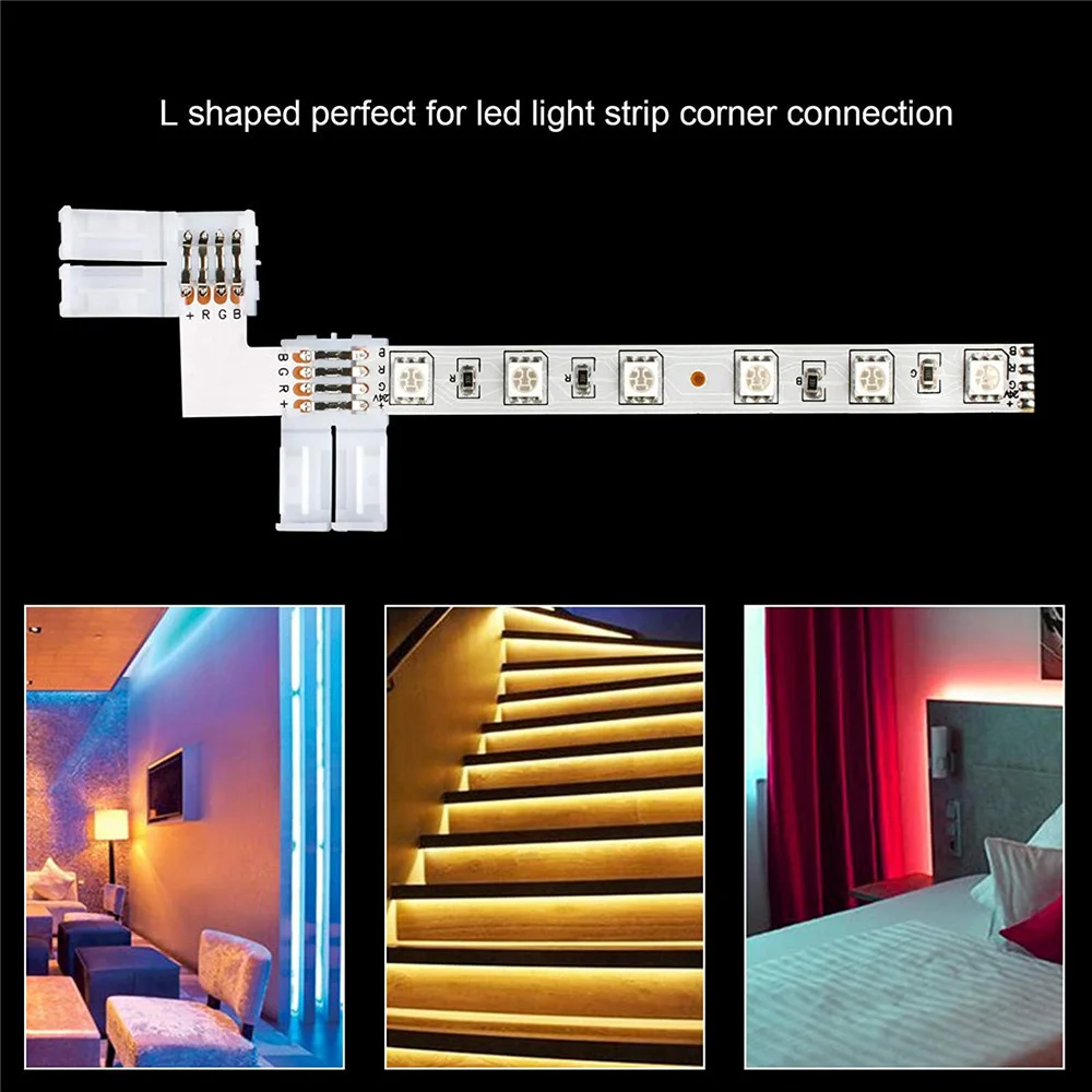 4 Pin 10mm LED Strip Connector L Shape RGB LED Light Strip Connectors Right Angle Solderless Corner Connectors For SMD 5050/3528