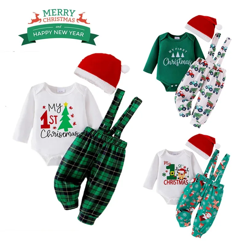 

Baby Boy Green Overalls Suit With Christmas Hat New Christmas Unisex Children Suit Printed Long Sleeves Overalls Christmas Cloth