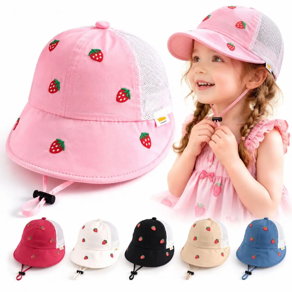 chapeu-de-sol-infantil-de-malha-fofo-para-o-verao-respiravel-com-protecao-uv-chapeu-de-pescador-para-bebes-6-cores-estampa-de-morango-chapeu-bucket-doce-para-1-4-anos
