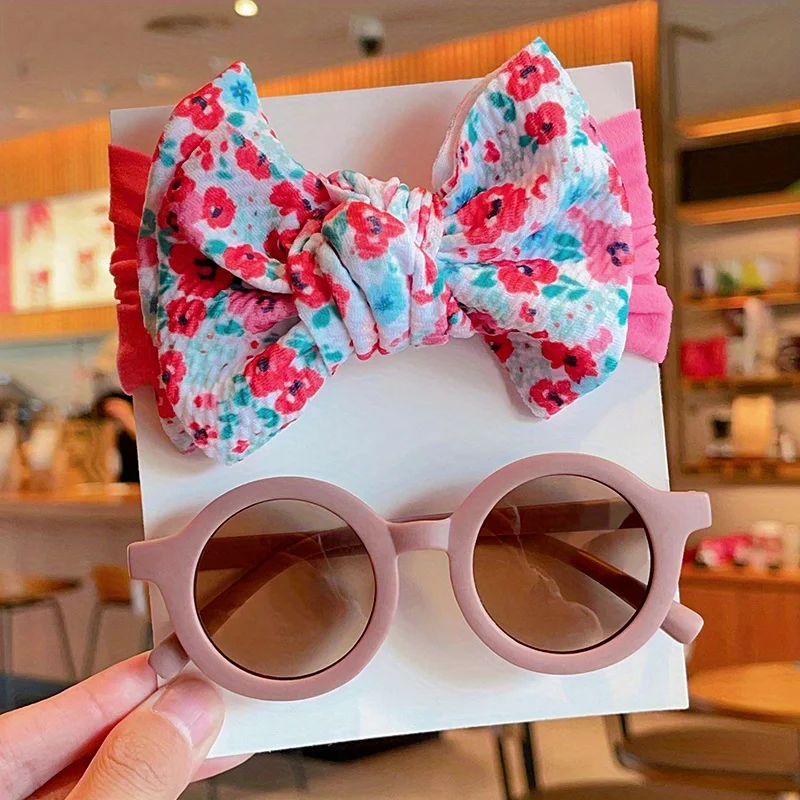 Haarband mit Schleife und Sonnenbrille-Set für Mädchen und Jungen, Blumendruck, Baby-Haarband, runde Sonnenbrille, Foto-Requisiten, Haaraccessoires 2026 – Detail 6